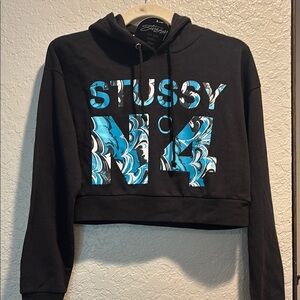 Stussy Black Cropped Hoodie with Blue Marble Logo